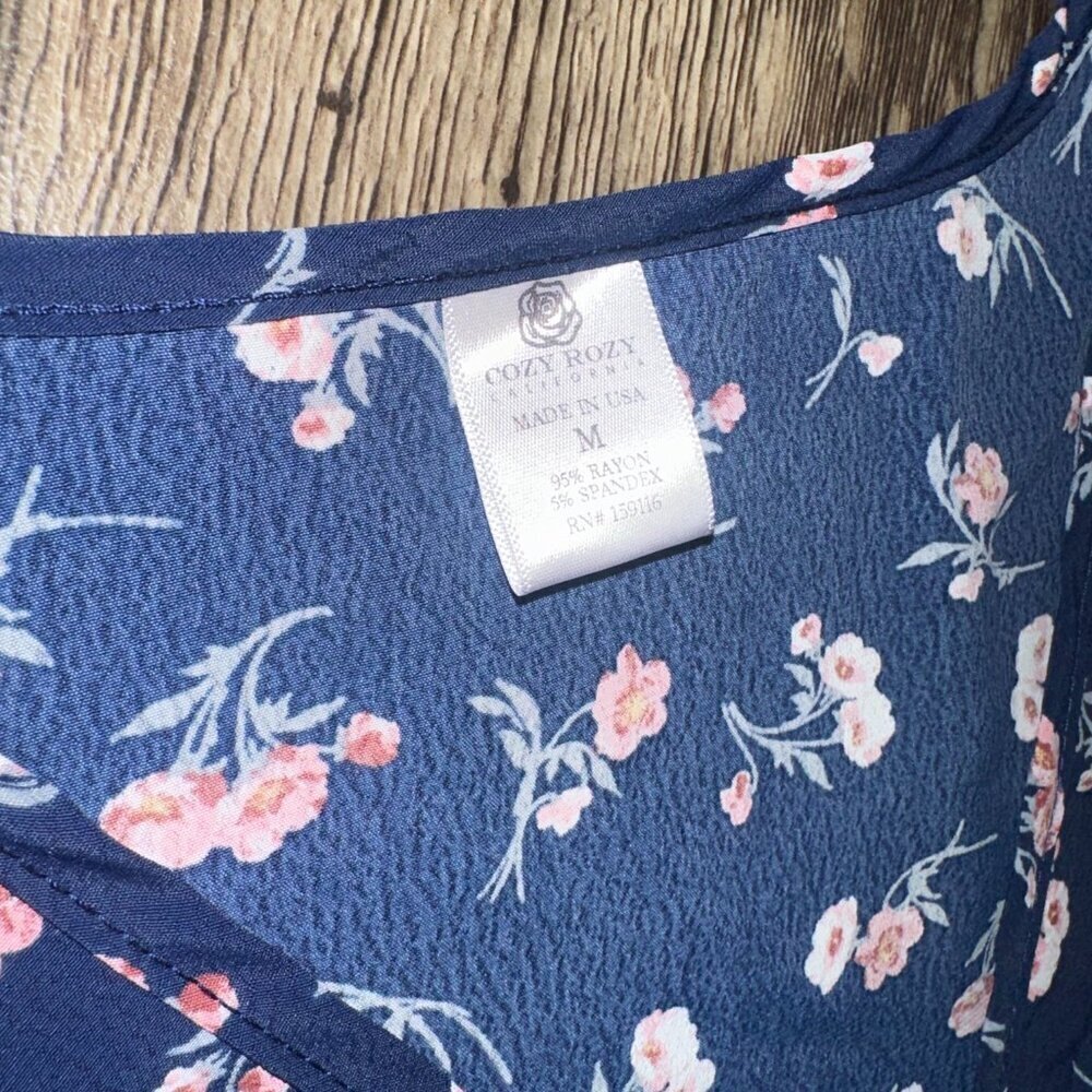 Cozy Rozy Medium Navy Blue Women's Deep V Peplum Babydoll Blouse Floral - Picture 3 of 8